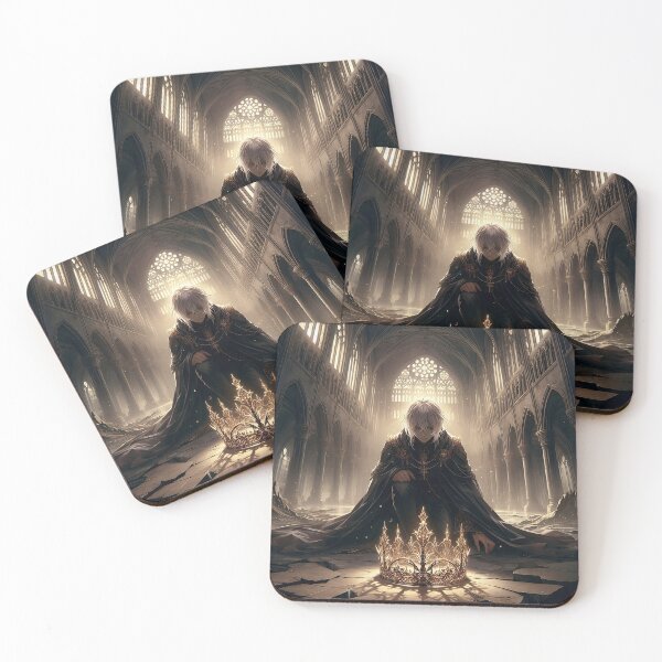 Item preview, The Burden of Kingship: Kneeling White-Haired Prince Facing a Radiant Golden Crown designed and sold by MouradStudio.