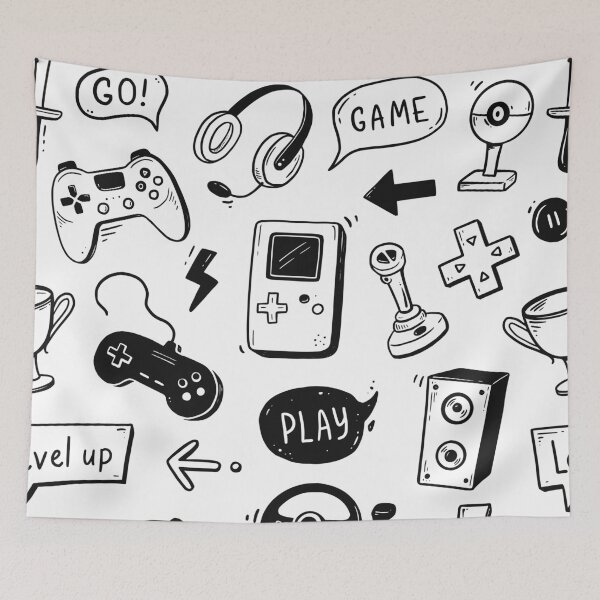 Item preview, Retro Gaming Doodle Pattern Black and White designed and sold by Hannah-Yei.