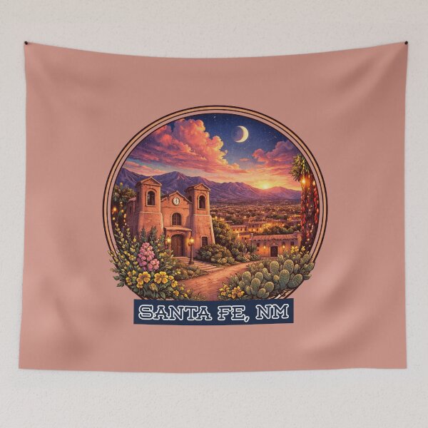 Item preview, Santa Fe New Mexico Sunset Illustration – Vintage Southwest Adobe Church Desert Art Travel designed and sold by SimplyJasper.