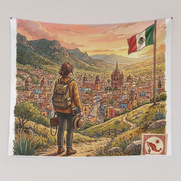 Item preview, Vintage Solo Female Travel Mexico - Pueblo Magico Adventure Art designed and sold by Bloom & Quiet .