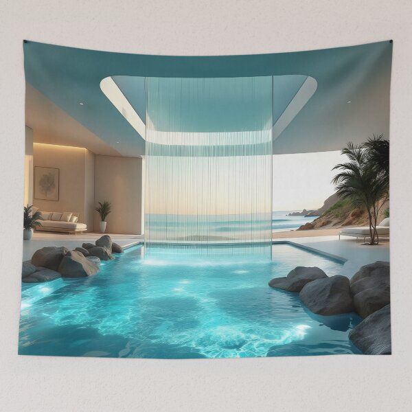 Item preview, Luxury Coastal View Indoor Pool Minimalist Modern Aesthetic Art Print designed and sold by DreamyWallVibes.