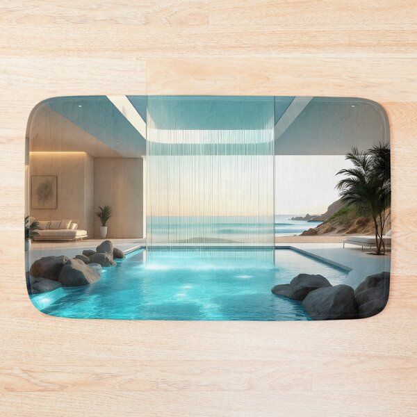 Item preview, Luxury Coastal View Indoor Pool Minimalist Modern Aesthetic Art Print designed and sold by DreamyWallVibes.