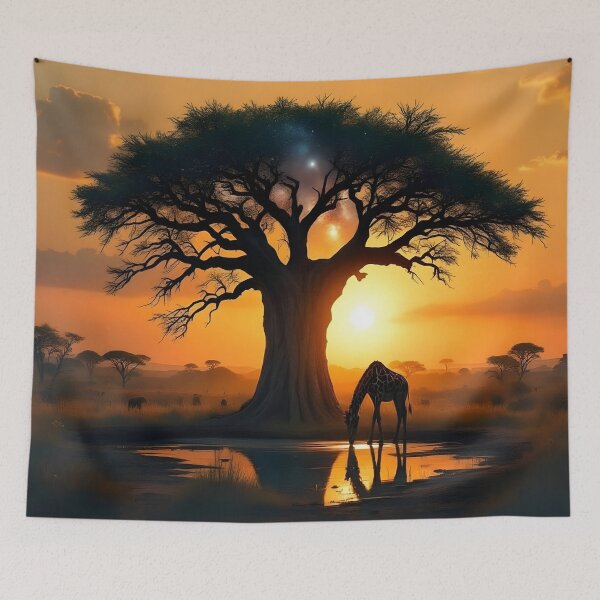 Item preview, African Sunset Tree of Life Giraffe Silhouette Safari Landscape Art designed and sold by DreamyWallVibes.