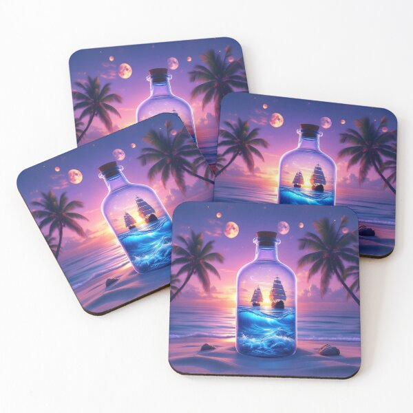 Item preview, Fantasy Ship in Bottle Ocean Sunset Dreamscape Surreal Beach Art designed and sold by DreamyWallVibes.
