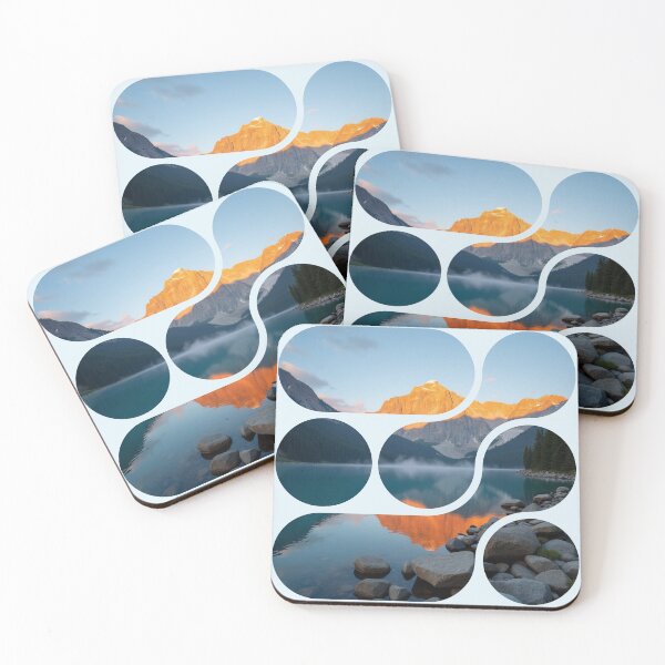 Item preview, Alpine Glow Sunset - Segmented Mountain Lake - Fiery Peaks Reflection - Modern Four Panel Nature Art designed and sold by PriyaMagic.