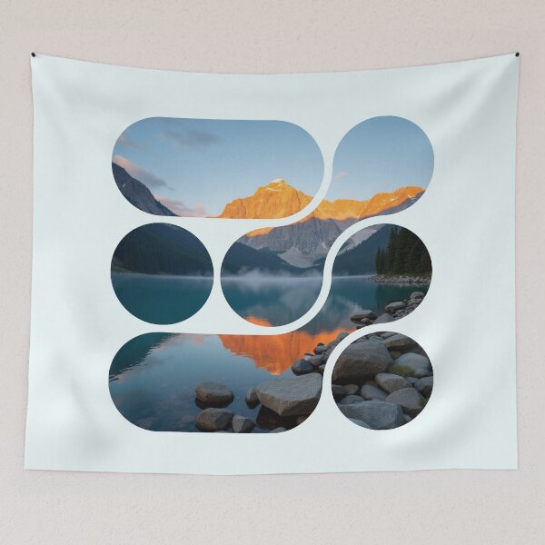Item preview, Alpine Glow Sunset - Segmented Mountain Lake - Fiery Peaks Reflection - Modern Four Panel Nature Art designed and sold by PriyaMagic.