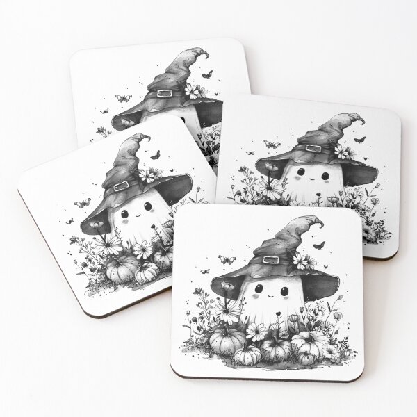 Item preview, Cute Ghost Witch in Pumpkin Patch | Whimsical Halloween Floral Art designed and sold by inkoutninja.
