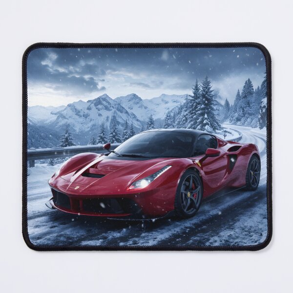 Item preview, Red Ferrari Supercar on Snowy Mountain Road Mouse Pad designed and sold by Mini Stickers store.