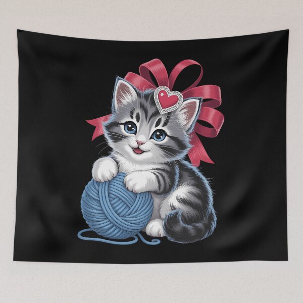 Item preview, Valentines Day Cat Play With Yarn Cute Animal Knitting Kitty designed and sold by PunkNation-Arts.