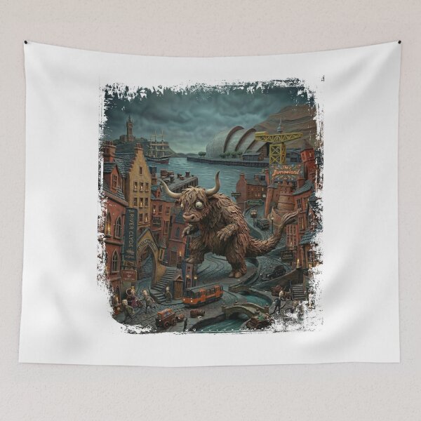 Item preview, Coozilla Attacks Glasgow: Highland Cow Monster Scottish City designed and sold by Loom on the Loch.