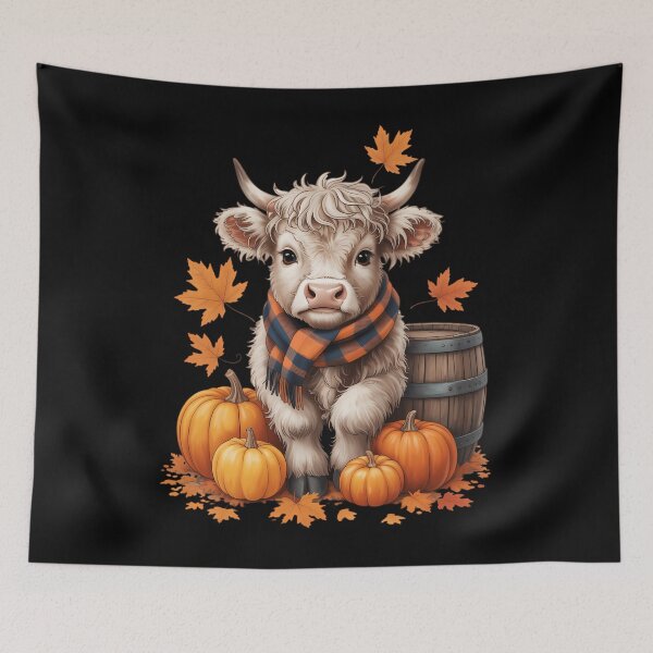 Item preview, Watercolor Highland Cow Plaid Scarf Pumpkins autumn leaves designed and sold by HellD3vil-Art.