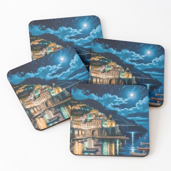 Item preview, Amalfi Coast Night Painting – Romantic Moonlit Coastal Village Wall Art designed and sold by Tamas Das.