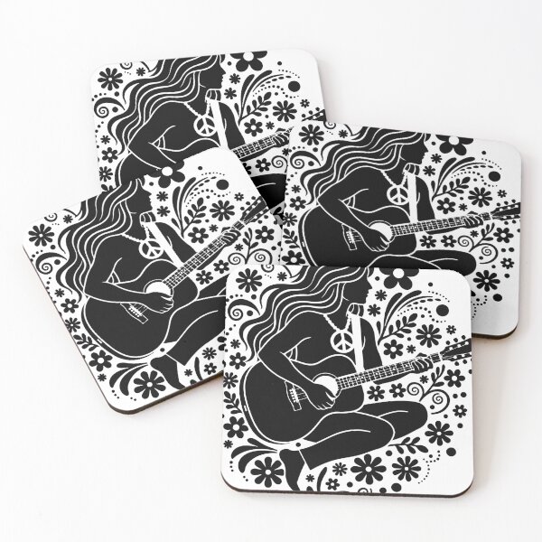 Item preview, Silhouette of a hippie woman seated and playing an acoustic guitar, wearing a peace symbol necklace, surrounded by decorative flowers designed and sold by Dejbar.