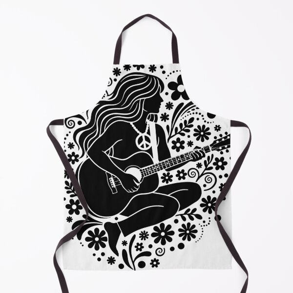 Item preview, Silhouette of a hippie woman seated and playing an acoustic guitar, wearing a peace symbol necklace, surrounded by decorative flowers designed and sold by Dejbar.