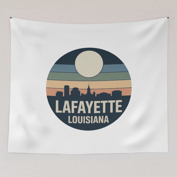 Item preview, Lafayette Louisiana: Retro Blue Green Tan Sunset Skyline Badge designed and sold by CircinusStore.