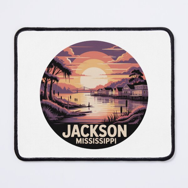 Item preview, Jackson Mississippi: Retro Sunset Riverfront Landscape Badge designed and sold by CircinusStore.