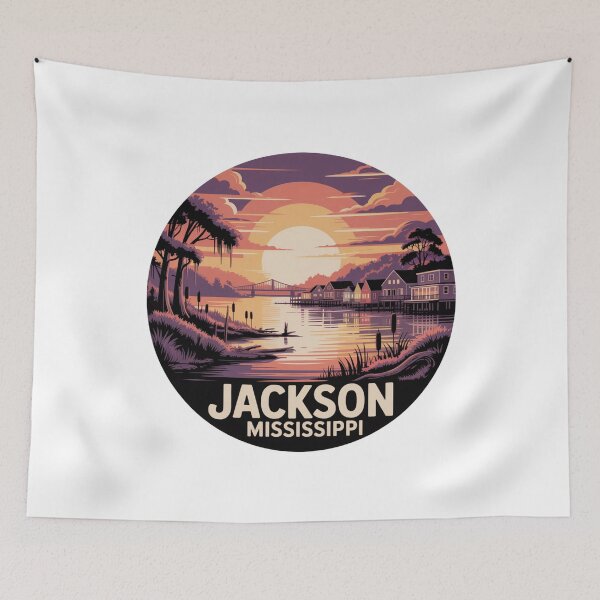 Item preview, Jackson Mississippi: Retro Sunset Riverfront Landscape Badge designed and sold by CircinusStore.