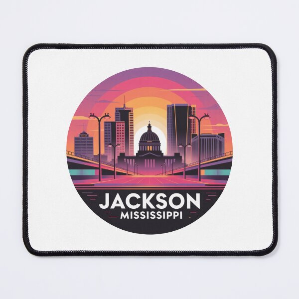 Item preview, Jackson Mississippi: Retro Futuristic Sunset Skyline Badge designed and sold by CircinusStore.
