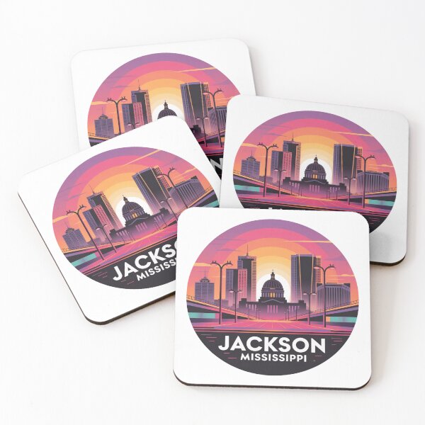 Item preview, Jackson Mississippi: Retro Futuristic Sunset Skyline Badge designed and sold by CircinusStore.