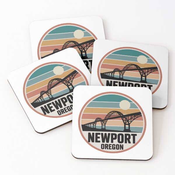 Item preview, Newport Oregon: Retro Teal Blue Orange Sunset Bridge Badge designed and sold by CircinusStore.