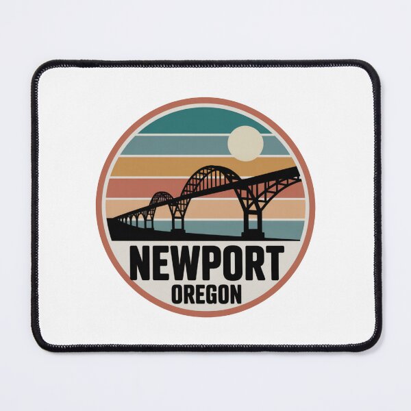 Item preview, Newport Oregon: Retro Teal Blue Orange Sunset Bridge Badge designed and sold by CircinusStore.