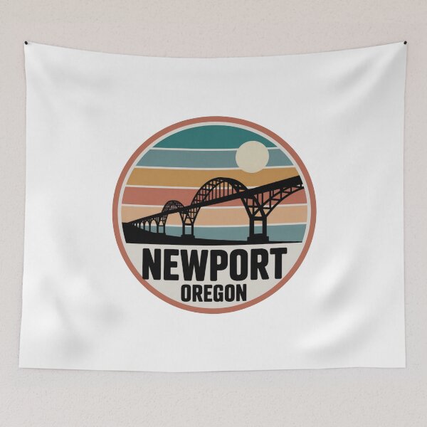 Item preview, Newport Oregon: Retro Teal Blue Orange Sunset Bridge Badge designed and sold by CircinusStore.