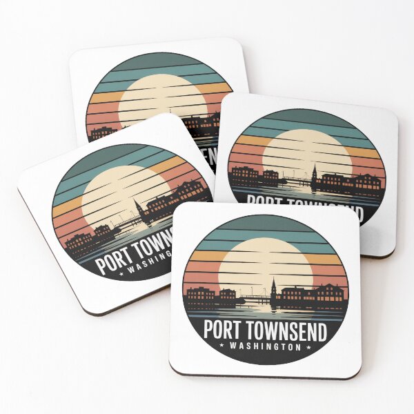 Item preview, Port Townsend Washington: Retro Teal Orange Sunset Waterfront Badge designed and sold by CircinusStore.