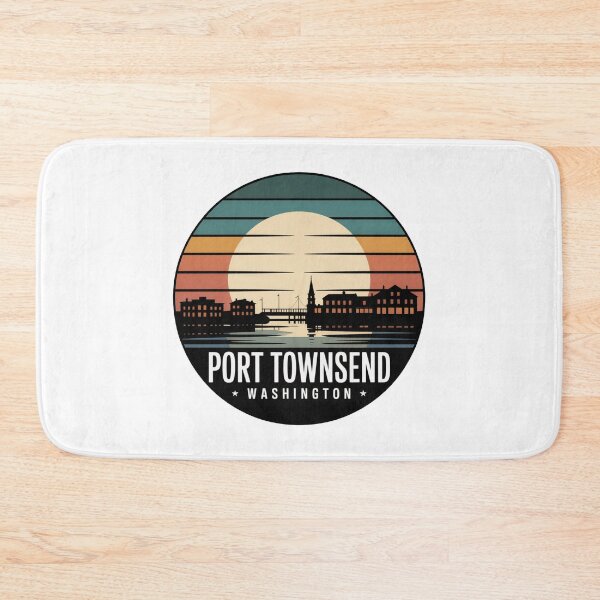 Item preview, Port Townsend Washington: Retro Teal Orange Sunset Waterfront Badge designed and sold by CircinusStore.