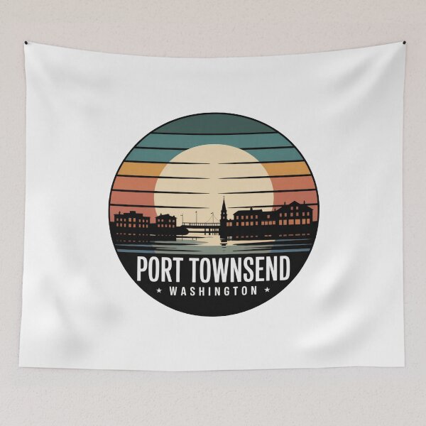 Item preview, Port Townsend Washington: Retro Teal Orange Sunset Waterfront Badge designed and sold by CircinusStore.