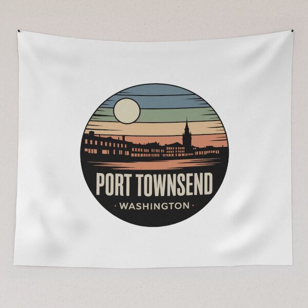 Item preview, Port Townsend Washington: Retro Blue Green Sunset Waterfront Badge designed and sold by CircinusStore.
