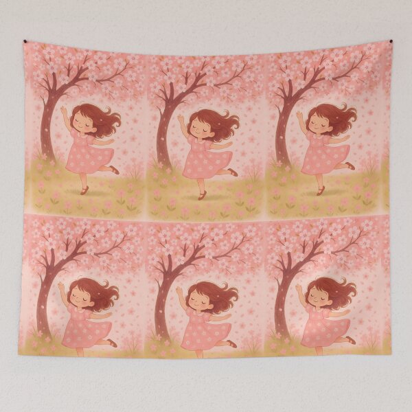 Item preview, Brown-Haired Girl Dancing Under Sakura Tree – Pastel Spring Illustration designed and sold by EmeraldeaArt.