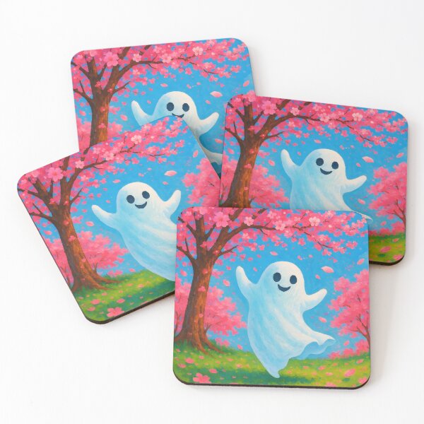 Item preview, Cute Smiling White Ghost Dancing Under Vibrant Pink Cherry Blossom Tree designed and sold by EmeraldeaArt.