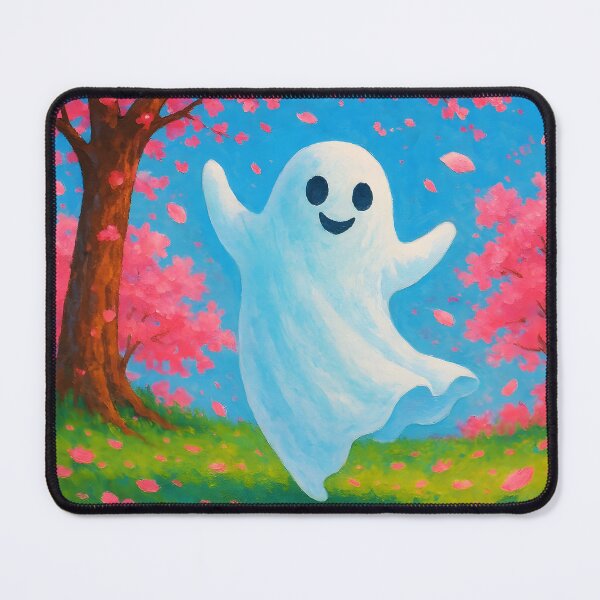 Item preview, Cute Smiling White Ghost Dancing Under Vibrant Pink Cherry Blossom Tree designed and sold by EmeraldeaArt.