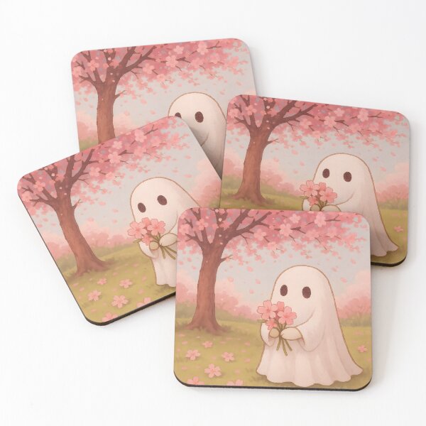 Item preview, Cute Little Ghost Holding Pastel Pink Flower Bouquet Under Blooming Sakura Tree designed and sold by EmeraldeaArt.