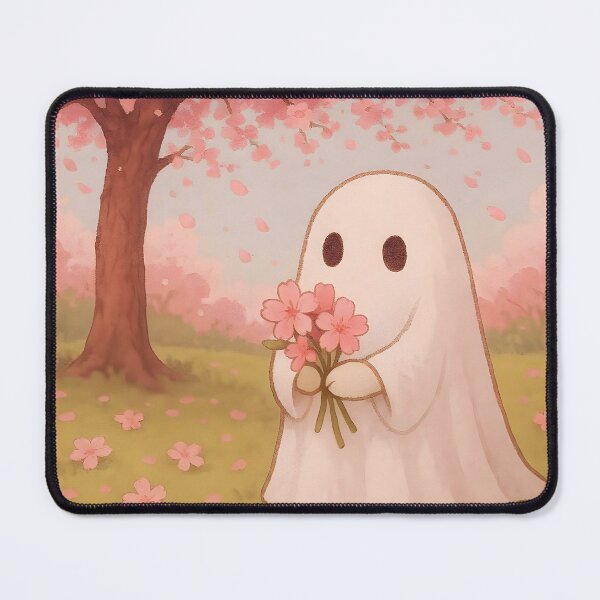 Item preview, Cute Little Ghost Holding Pastel Pink Flower Bouquet Under Blooming Sakura Tree designed and sold by EmeraldeaArt.