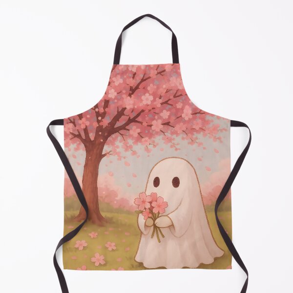 Item preview, Cute Little Ghost Holding Pastel Pink Flower Bouquet Under Blooming Sakura Tree designed and sold by EmeraldeaArt.