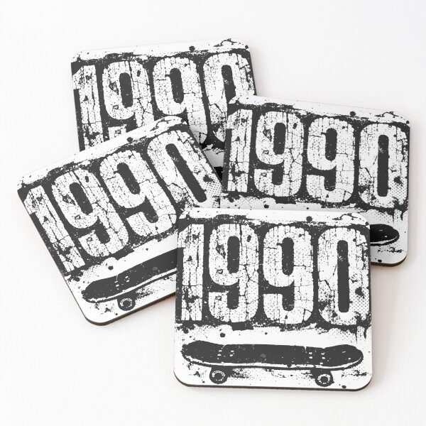 Item preview, Bold black-and-white grunge graphic featuring large '1990' numerals above a distressed skateboard silhouette. High-contrast retro design evokes 90s skate culture designed and sold by Dejbar.