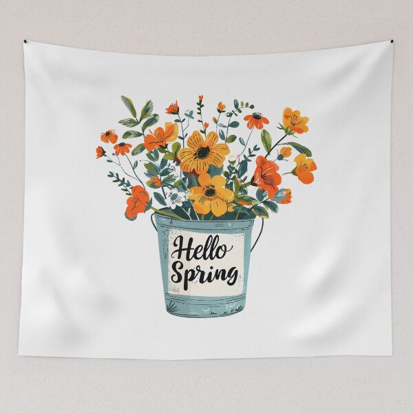 Item preview, Hello Spring Flower Bouquet in Bucket - Folk Art Seasonal Art Print designed and sold by DesignArtist.ia.