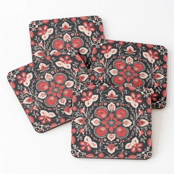 Item preview, Elegant Red and Black Floral Folk Pattern with Symmetrical Details designed and sold by BrainCurves.