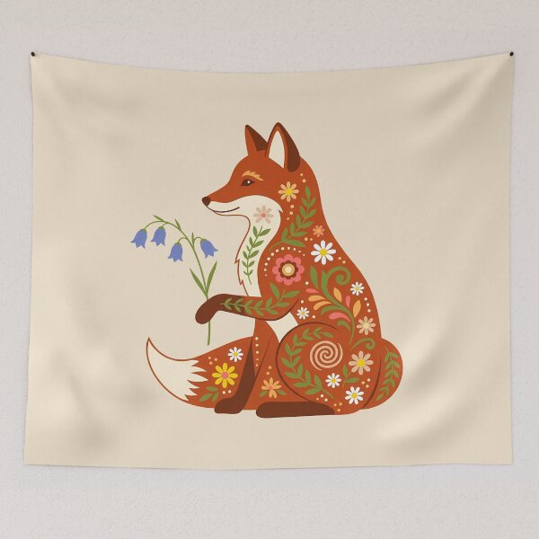 Item preview, Sitting Floral Folk Art Red Fox Holding Bluebells – Scandinavian Folk Art by heidiannemorris © designed and sold by FOLK ART FUSION by heidiannemorris.