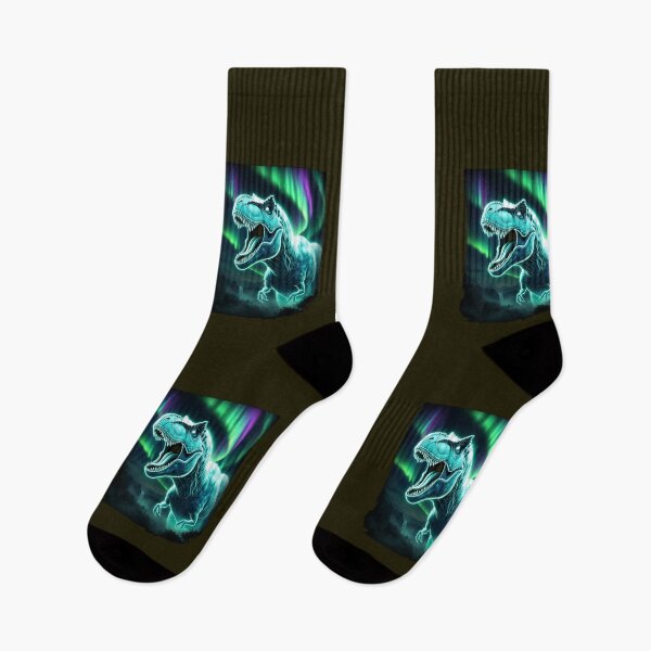 Item preview, Glowing T Rex Roaring Under Aurora Borealis Fantasy Dinosaur Art designed and sold by Syrupulse.