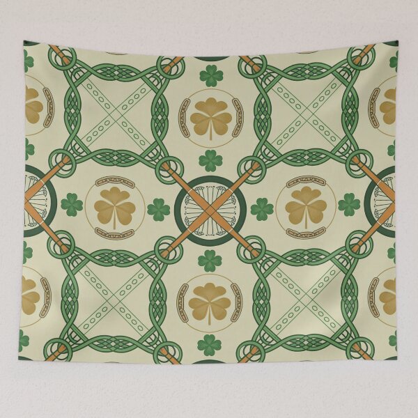 Item preview, Irish Celtic Knot Seamless Pattern – Shamrocks, Hurley Sticks & Traditional Green & Gold designed and sold by Midnight Veil Designs.