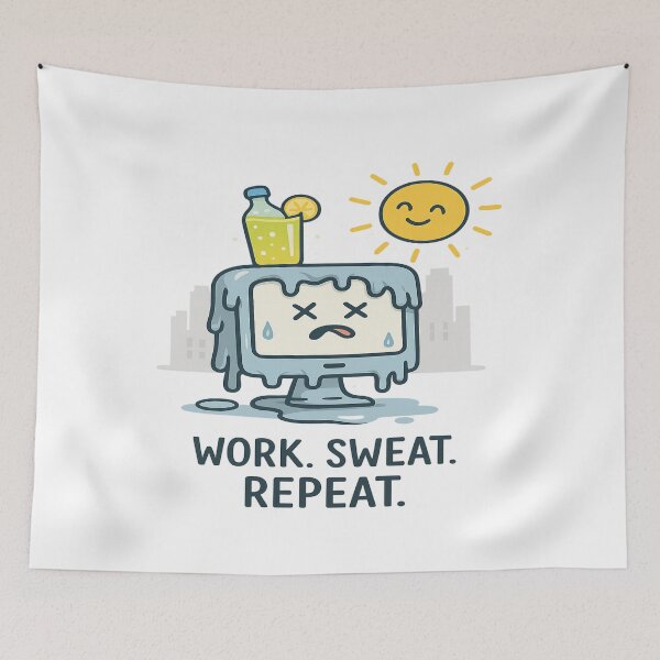 Item preview, Funny Melting Computer “Work Sweat Repeat” | Summer Heat Office Humor  designed and sold by Globalcitytees.