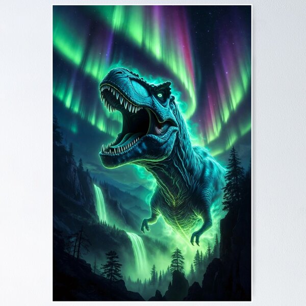 Item preview, Glowing T Rex Roaring Under Aurora Borealis designed and sold by Syrupulse.