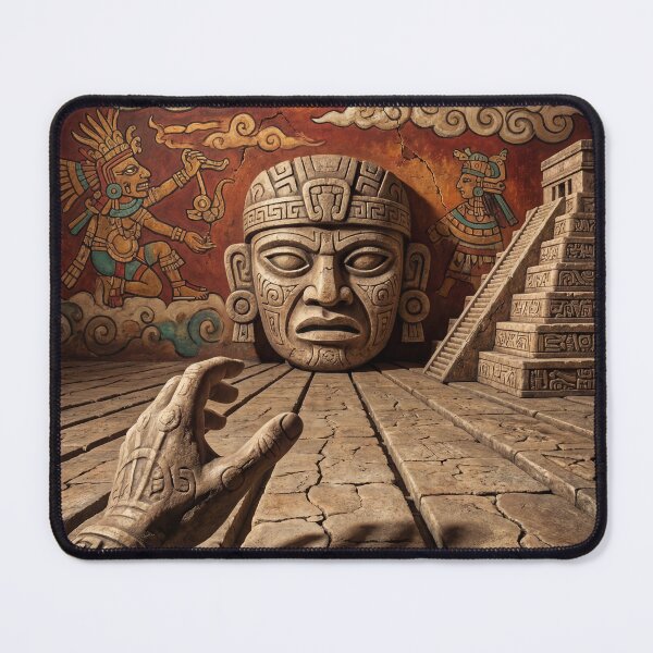 Item preview, Ancient Mesoamerican Inspired Surreal Art – Tribal Stone Mask Dreamscape designed and sold by Wsgreen.
