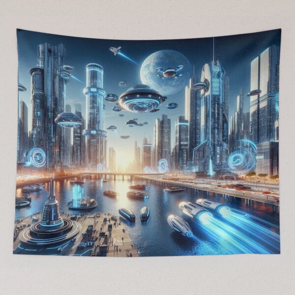 Item preview, Futuristic Neon Cityscape with Flying Vehicles and Cosmic Light designed and sold by FotoworldEdel.
