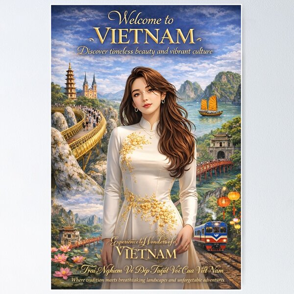 Item preview, Welcome to Vietnam – Ao Dai Cultural Travel Poster | Vietnam Landmarks, Scenic Beauty & Heritage Illustration designed and sold by Inkora-Art.