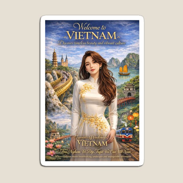 Item preview, Welcome to Vietnam – Ao Dai Cultural Travel Poster | Vietnam Landmarks, Scenic Beauty & Heritage Illustration designed and sold by Inkora-Art.