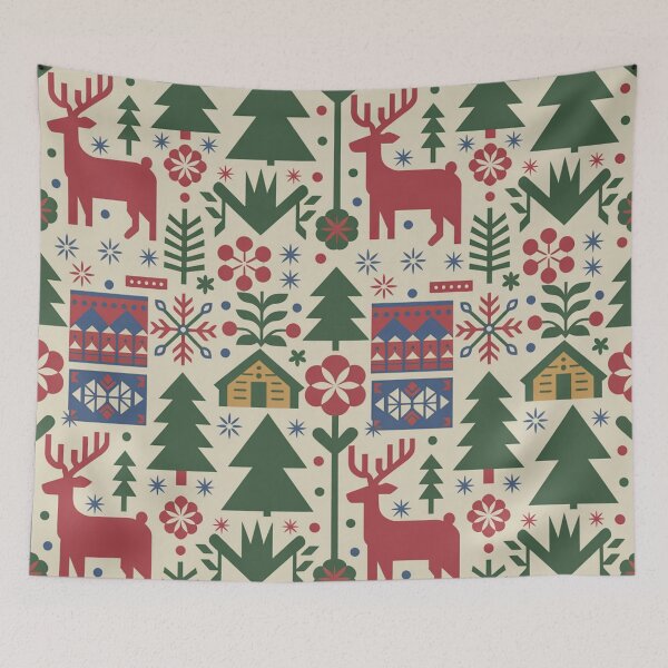 Item preview, Scandinavian Folk Art Christmas Seamless Pattern – Reindeer, Pine Trees & Cabins designed and sold by Midnight Veil Designs.