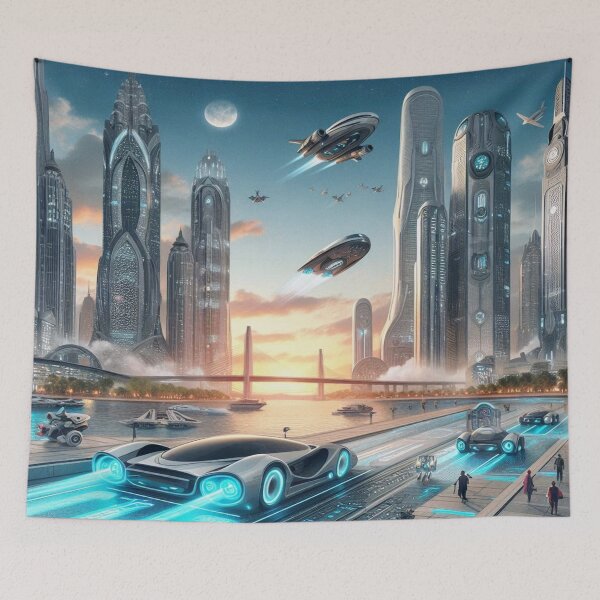 Item preview, Futuristic Neon City with Hovercrafts, Lights and High‑Tech Skyline designed and sold by FotoworldEdel.